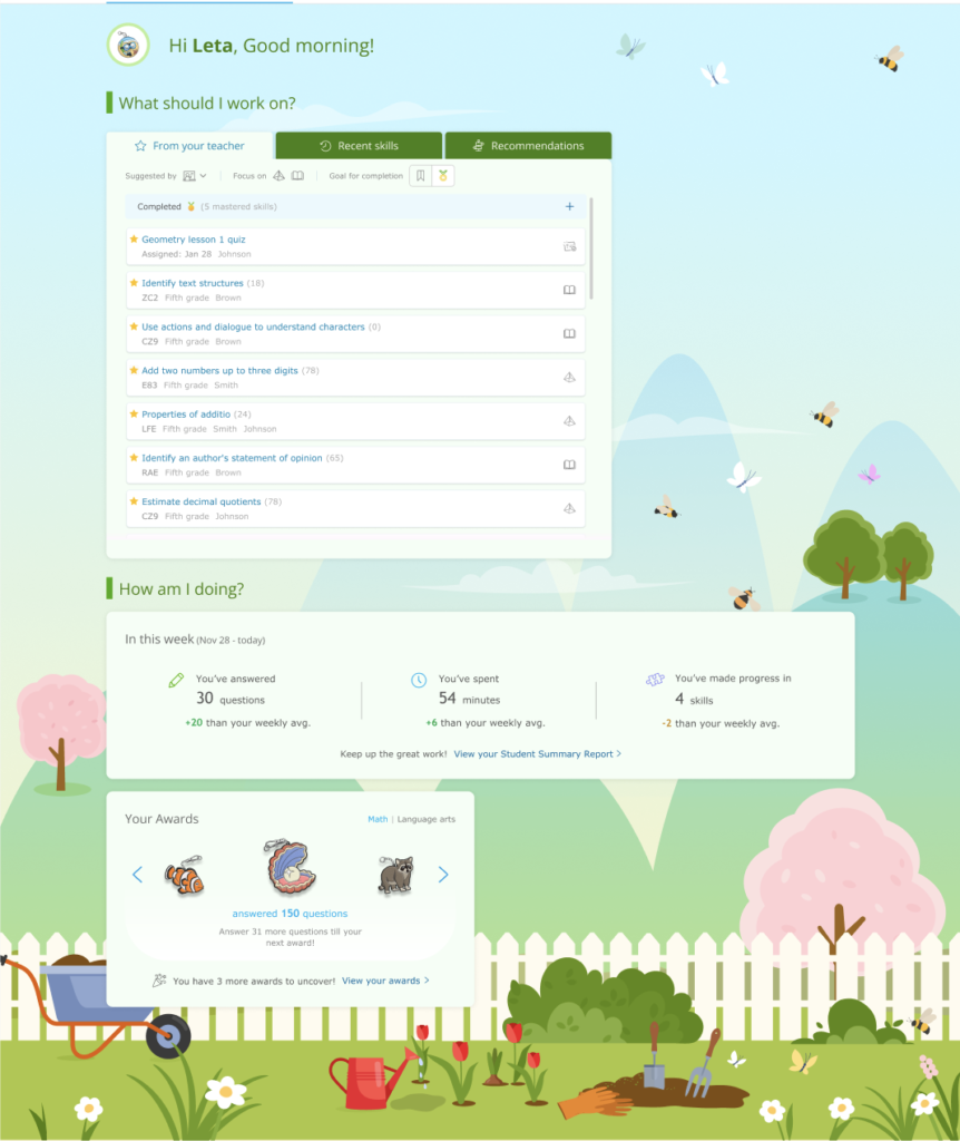 A student dashboard with the Garden theme applied. Behind the dashboard interface there